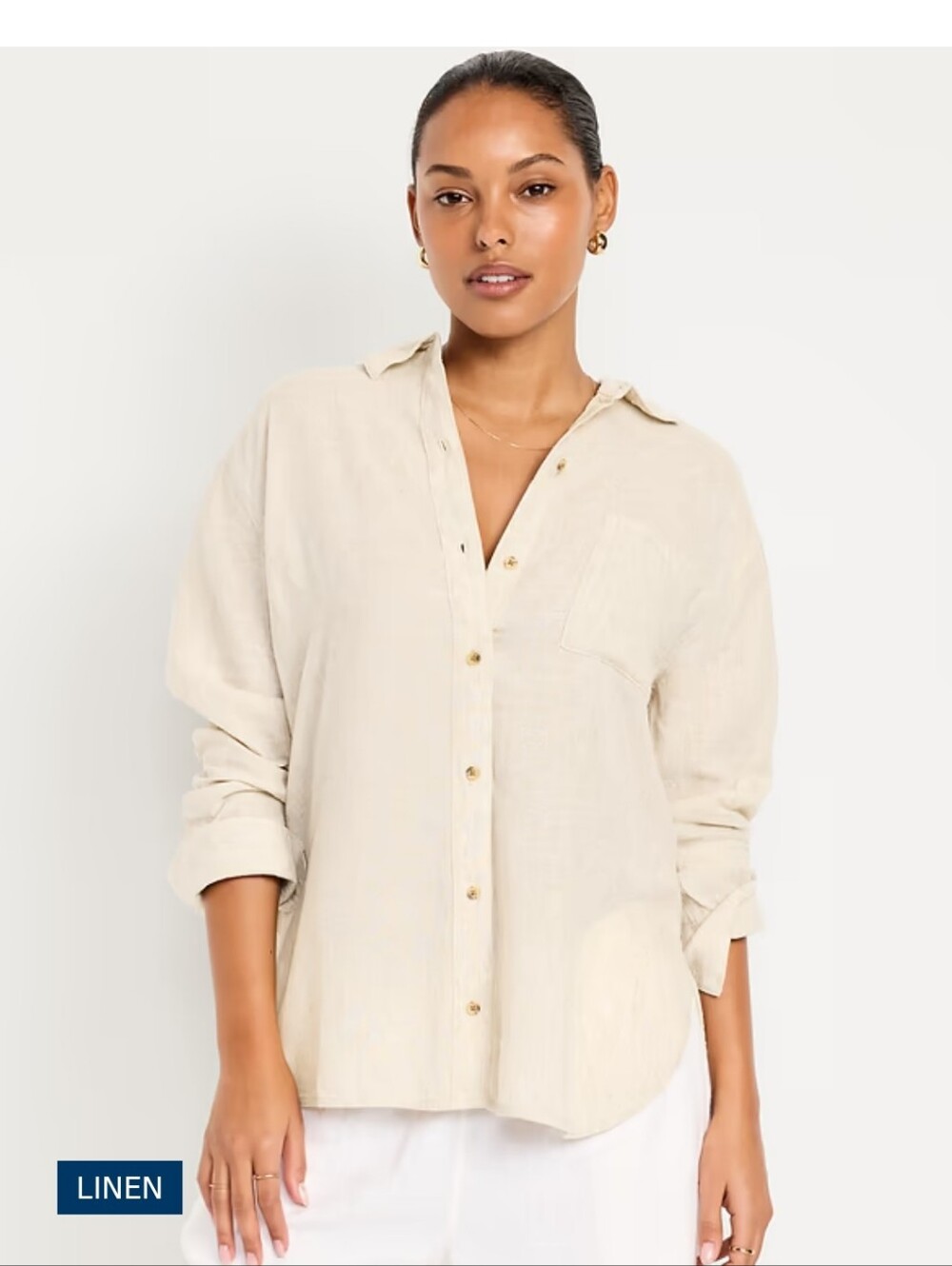 Old Navy Cream Linen Blend Button Up Shirt The Boyfriend Shirt Sz L